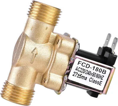 A close-up studio shot of a brass solenoid valve with a black coil.