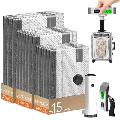 Immagine prodotto di Sacchetti sottovuoto per abbigliamento, confezione da 15 pezzi, con pompa sottovuoto wireless e bilancia digitale da valigia | 6 sacchetti da 40x60 cm, 6 sacchetti da 50x70 cm, 3 sacchetti da 60x80 cm