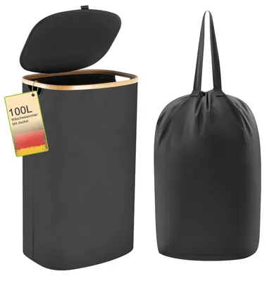 Wasmand 100 Liter mit Deckel und Bambusrand, schwarz