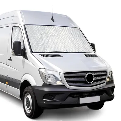 Immagine prodotto di Parasole per parabrezza per Mercedes Sprinter dal 2006 al 2018, realizzato in tessuto Oxford 600D, che blocca il 100% della luce, resistente ai raggi UV e al gelo