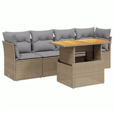 Produktbild von vidaXL 5-tlg. Garten-Sofagarnitur mit Kissen Beige Poly Rattan