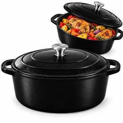 Obrázok produktu pre Oválna liatinová panvica 28,5 cm, objem 4 l, s vekom, vhodná do rúry do 250 °C, čierna