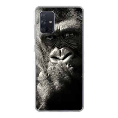 Produktbild von MuchoWow® Handyhülle Schutzhülle Hülle für Samsung Galaxy A51 Gorilla auf schwarzem Hintergrund in Schwarz und Weiß Silikon Softcase Handy Hülle - Schutzabdeckung