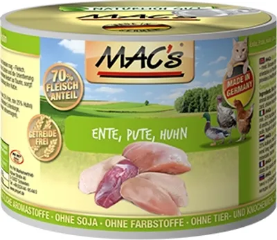 Produktbild von MAC's CAT ENTE, PUTE, HUHN, Adult, jede Rasse, Huhn, Ente, Truthahn, 200 g, Getreidefrei