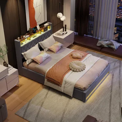 A modern bedroom with a bed, nightstand, and artwork.