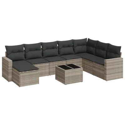 Produktbild von 9-tlg. Garten-Sofagarnitur mit Kissen Hellgrau Poly Rattan