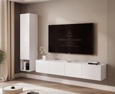 Image de Meuble mural suspendu ANGEL LINE I avec éclairage LED, meuble TV, mobilier de salon – Blanc mat