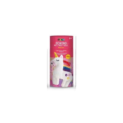 A cylindrical box containing a DIY sewing kit for a unicorn doll.