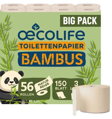 Produktbild von œcolife Toilettenpapier BAMBUS, 56 Rollen à 150 Blatt, 3-lagig, superweich