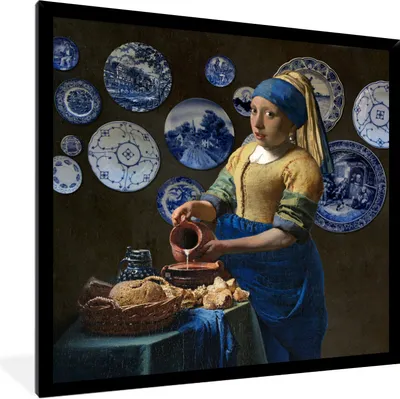Produktbild von MuchoWow® Gerahmtes Poster Milchmädchen - Das Mädchen mit dem Perlenohrring - Vermeer 40x40 cm - Poster mit Schwarzem Bilderrahmen Wandposter Rahmen Foto Bilder - Mit Rahmen - Wanddekoration Schlafzimmer