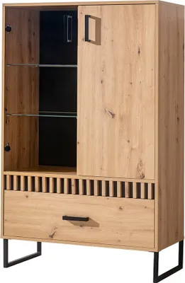 A front view of a wooden vitrine cabinet with glass shelves and a drawer, set against a white background.