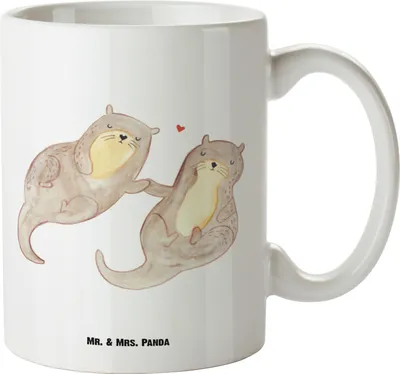 Produktbild von Mr. & Mrs. Panda Pott Otter Hände halten - Weiß - Geschenk, glücklich, Paar, Keramiktasse, Große Tasse, Haferl, Verliebt, weisse, Romantisch, Teetasse, Liebe