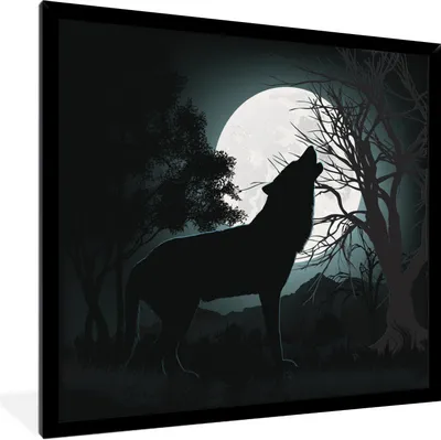 Produktbild von MuchoWow® Gerahmtes Poster Wolf - Scherenschnitt - Mond 40x30 cm - Poster mit Schwarzem Bilderrahmen Wandposter Rahmen Foto Bilder - Kunstposter - Wanddekorationen