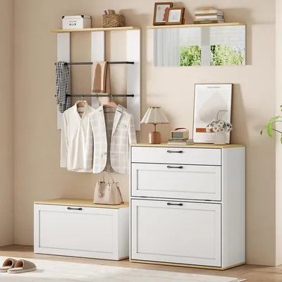 Produktbild von MODFU Garderoben-Set,Flurgarderobe set mit Wandgarderobe und Schuhbank,Garderobensets mit Spiegel und Schublade,Weiß