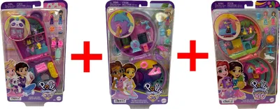 Produktbild von 3er-Set Polly Pocket HWN9 Bubble Tea Panda Schatulle, HWN96 Delfin Rettungsstation Schatulle, HWN98 Moped-Schatulle, Mini-Puppen, Geschenk-Set