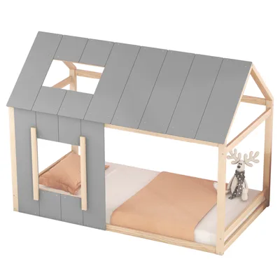 Image de Fortuna Lai Lit d'enfant lit de maison 90x200 avec protection contre les chutes et sommier à lattes, lit d'enfant en forme de maison, en pin massif - Lit de maison enfants, garçons, filles, Kids Bed, lit au sol, naturel + gris