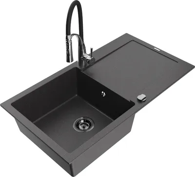 Produktbild von Mexen Leo 1 Becken-Granitspüle mit Abtropffläche und Mischbatterie Aster, Schwarz gesprenkelt - 6501-76-73450-07-B