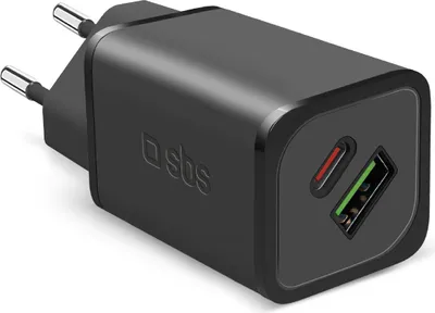 Produktbild von 65-Watt-GaN-Wandladegerät mit einem USB-C-Power-Delivery- und einem USB-A-Adaptive-Fast-Charge-Ausga