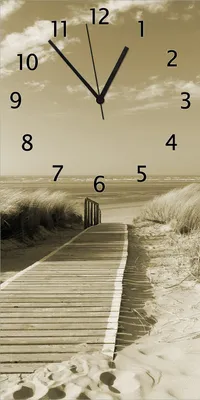 Produktbild von Wallario Design Wanduhr bedruckt, Größe 30 x 60 cm, Motiv: Auf dem Holzweg zum Strand in Sepiafarben