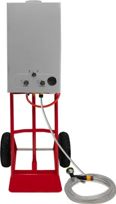 Immagine prodotto di Doccia portatile per cavalli con carrello in acciaio da 18 litri | Scaldacqua a gas istantaneo 0-75 °C | Tubo flessibile da 10 metri e soffione con 9 getti | Doccia da esterno per campeggio e attività all'aperto | Ruote pneumatiche da 25,4 cm, alimentazione a batteria da 36 kW