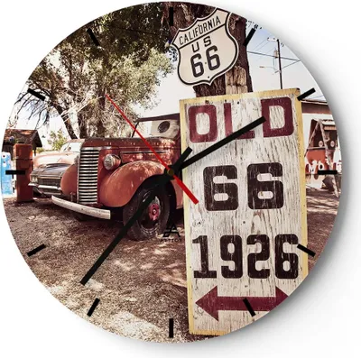 Produktbild von Wanduhr - Rund - Glasuhr - Straße alt 66 USA - 40x40cm - Schleichendes Uhrwerk - Lautlos - zum Aufhängen bereit - Dekoration Modern - Wanddekoration aus Glas - C3AR40x40-3562