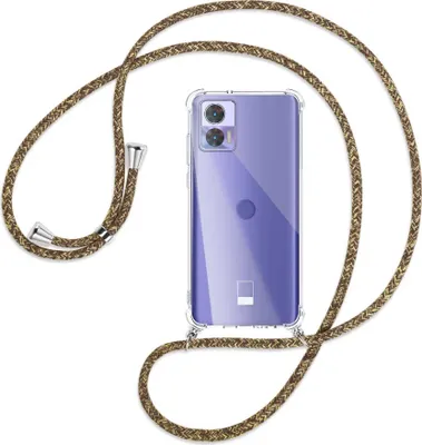 Produktbild von Handykette Backcover-Schutzhülle mit Band (Metall silberfarben) für Motorola Edge 30 Neo (Edge 30 Lite) - braun+beige