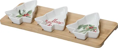Produktbild von Servierschalen in Tannenbaum Form mit Holztablett 33x12cm Porzellan