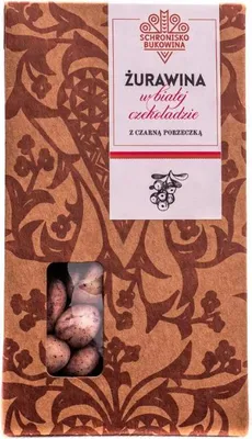 Zdjęcie produktu dla Żurawina w białej czekoladzie z czarną porzeczką 100g - Schronisko Bukowina
