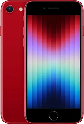 A red iPhone SE 2022 is shown from the front and back.