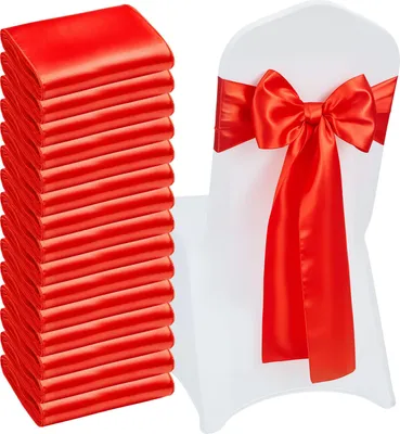 Zdjęcie produktu dla SucceBuy satynowe szarfy na krzesła z kokardami (275x17 cm) 50 szt. wstążki do wiązania krzeseł, idealne na wesela, przyjęcia, bankiety i imprezy. Idealne do dekoracji pokrowców na krzesła bankietowe, kokard na krzesła w kolorze czerwonym.