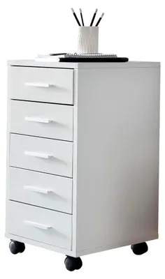 Produktbild von Rollcontainer Weiß 33 x 63 x 38 cm Holz Schubladenschrank für Schreibtisch und Büro mit 5 Schubladen, kleiner Rollschrank mit Rollen