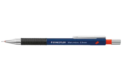 A blue mechanical pencil with a black grip and silver clip is shown against a white background.