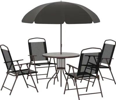Image de Outsunny Ensemble Salon de Jardin 6 pcs - Table Ronde + 4 chaises Pliables + Parasol - Acier époxy café textilène Polyester Noir