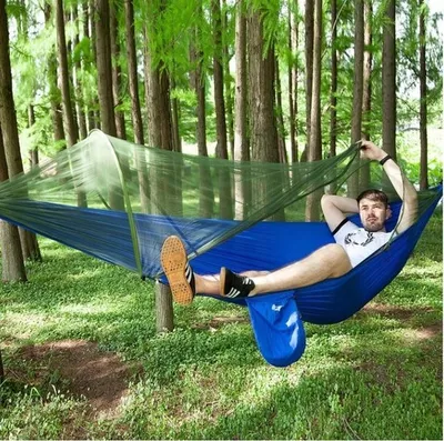 Immagine prodotto di Hangmat con Klamboe 290x140 cm, portata 180 kg, blu, con cerniera, ideale per il campeggio e le attività all'aperto