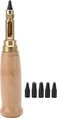 Image de 6 pièces de perforateur automatique en cuir avec poignée en bois, outil de perforation rotatif interchangeable pour l'artisanat
