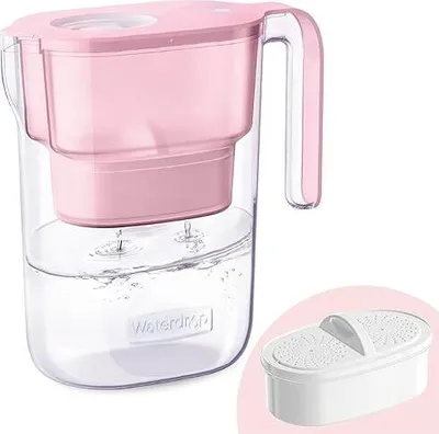 A pink and clear water filter pitcher with a separate filter cartridge.