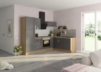 Obrázek produktu pro Rohová kuchyňská linka Optifit Jonte984 270 cm barva čela antracit lesklá barva korpusu divoký dub v nesmontovaném stavu