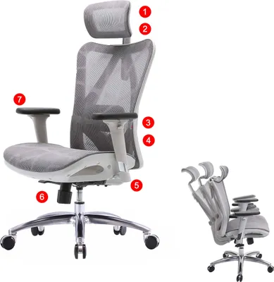 Obrázek produktu pro Kancelářská židle SIHOO Kancelářská židle, ergonomická, nastavitelné područky, nosnost 150 kg  potah šedý, rám bílý