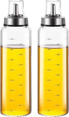 Immagine prodotto di Due contenitori per olio in vetro da 500 ml con tappo a pressione in acciaio inossidabile, senza BPA, per cucinare e grigliare