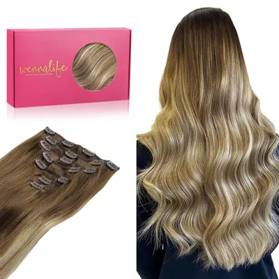 Image de Extensions à clipser, cheveux naturels, 35 cm, 120g, 7 pièces, effet ombré, marron noisette, marron cendré, blond, qualité Remy