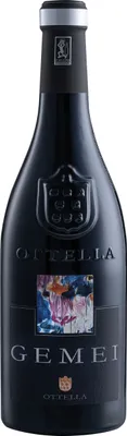 A bottle of red wine against a white background.