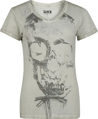 Produktbild von Black Premium by EMP Damen graues T-Shirt mit Totenkopf-Frontprint und gekrempelten Ärmelsäumen XL