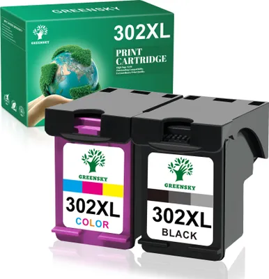 Two printer ink cartridges and their packaging are shown.