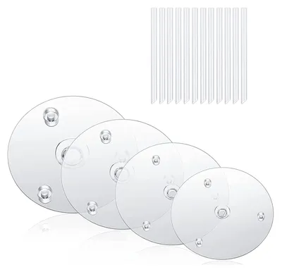 Produktbild von 1 Set transparente, stapelbare Tortenstützen, lebensmittelecht, wiederverwendbar, 4 Tortentrennplatten, 12 Tortenstützstangen für Torten mit 4/6/8/10 Zoll Durchmesser