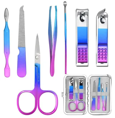 Image de Kit de manucure et pédicure, 7 pièces, en acier inoxydable irisé, avec sac de voyage
