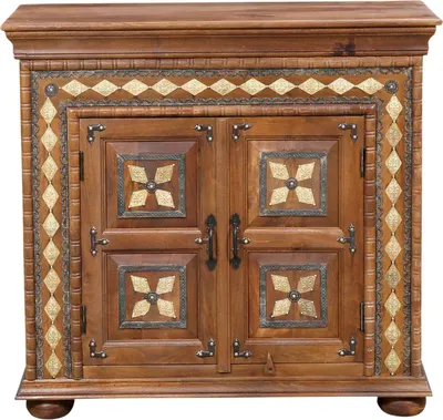 Obrázek produktu pro Orientální komoda Marrakech s dřevěnými a mosaznými dvířky 100 cm | vintage charm malá příborníková komoda Abtin pro stylové ukládání a boho dekorace v obývacím pokoji a ložnici