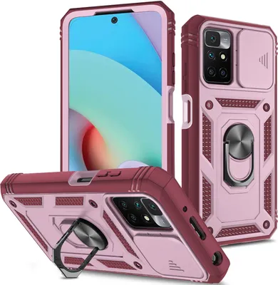 Produktbild von Redmi 10 Hülle, Schiebe Kamera Schutz Robust Schutzhülle mit Ringhalterung Ständer Kartenhalter für Xiaomi Redmi 10 Rosa