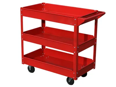 A red three-tier tool cart with wheels, shown against a white background.