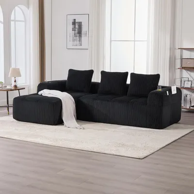 Produktbild von LVHOM Modulares Sofa mit Schlaffunktion, Ecksofa mit Cordbezug, 3 Sitzer mit Becherhalter, Schlafsofa ohne Montage,Loungesofa mit Seitentasche,Schwarz