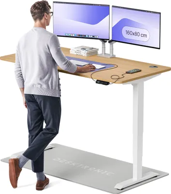 Produktbild von Desktronic HomePro Elektrisch höhenverstellbarer Schreibtisch 160x80cm Weiß/Eiche mit Memory-Funktion, Anti-Kollisions Technologie, USB-A und USB-C-Ladeanschlüssen